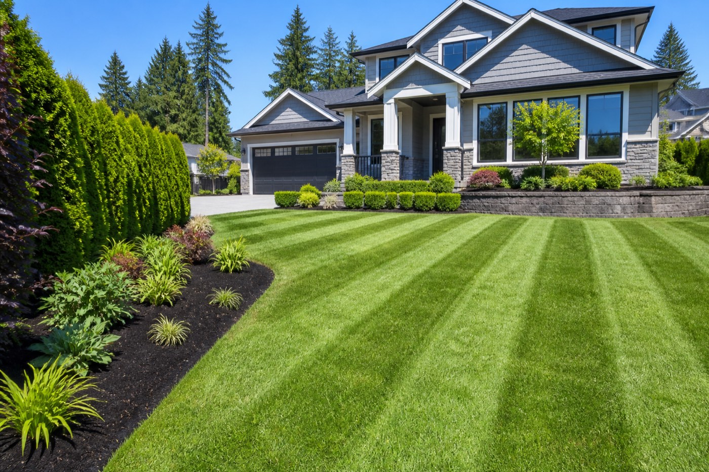 Landscaped front yard with retaining wall, mulch beds and striped lawn